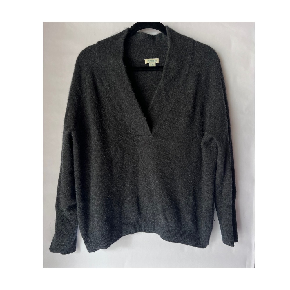 Sundance Charcoal Gray 100% Cashmere V-Neck Stand Collar Sweater Small